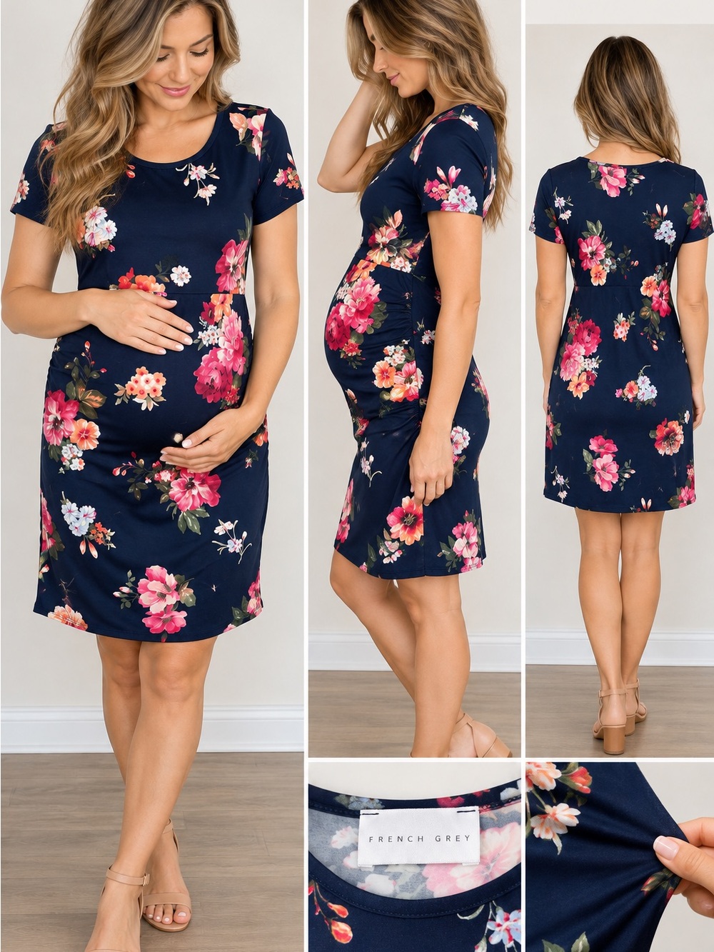 French Grey Navy Floral Maternity Dress
